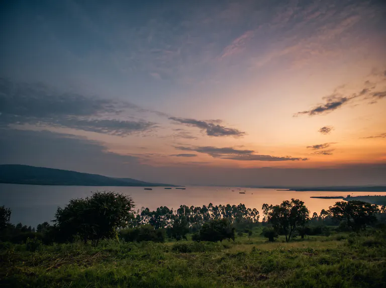 A golden sunset over the water and rolling landscape near The Nyakaju.